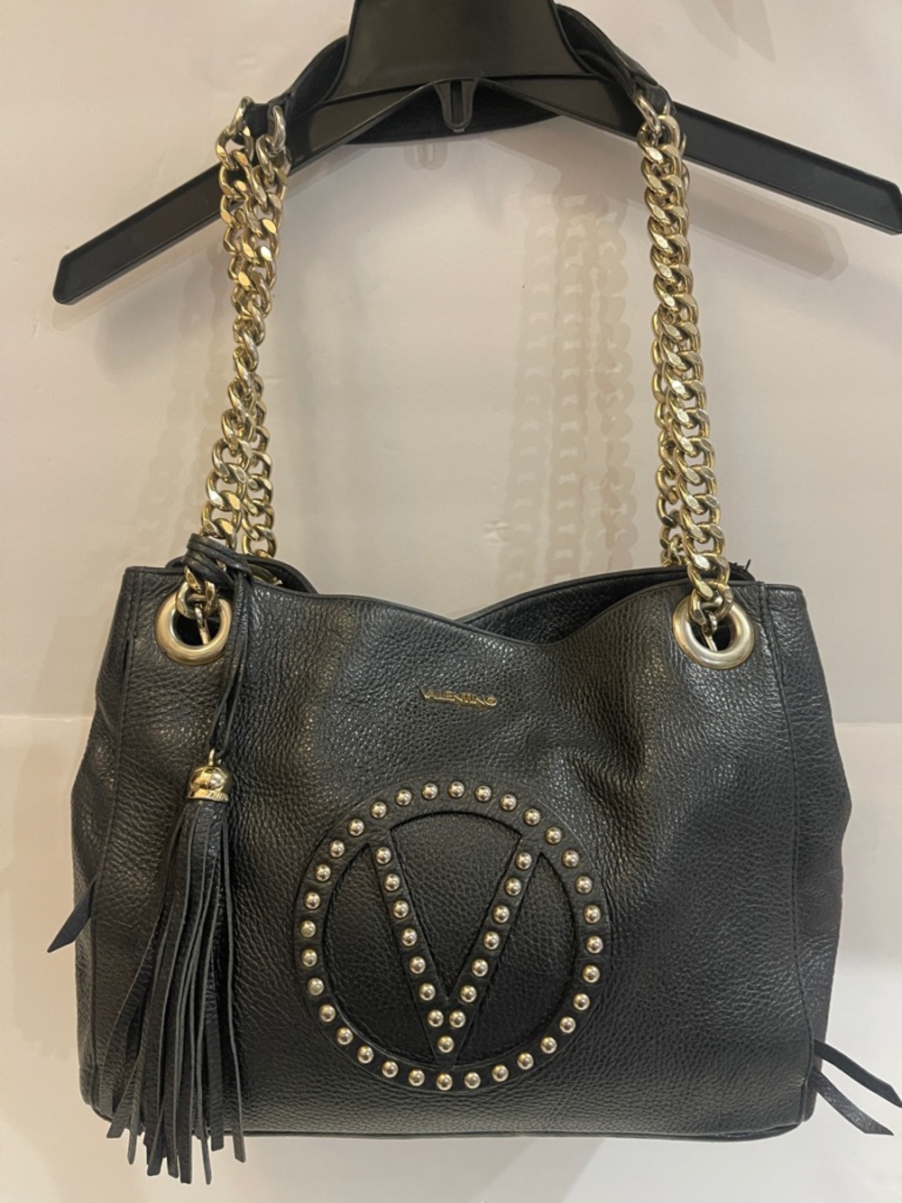 VALENTINO BY MARIO VALENTINO Leather Studded V Shoulder Bag with Gold Chain